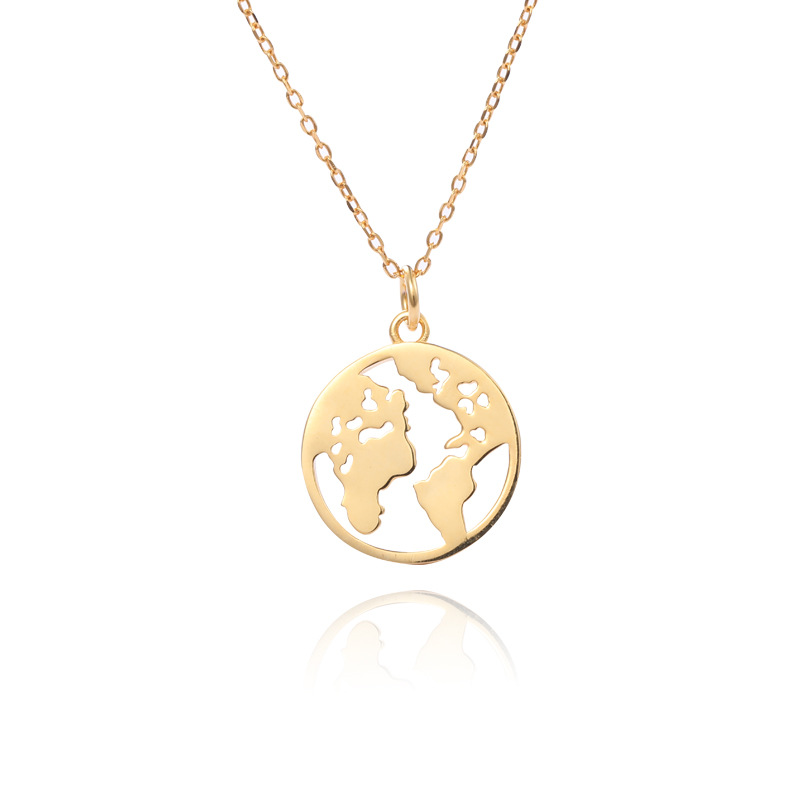 World Map Sterling Silver Plated 14K Gold Necklace