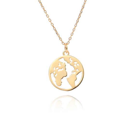 World Map Sterling Silver Plated 14K Gold Necklace
