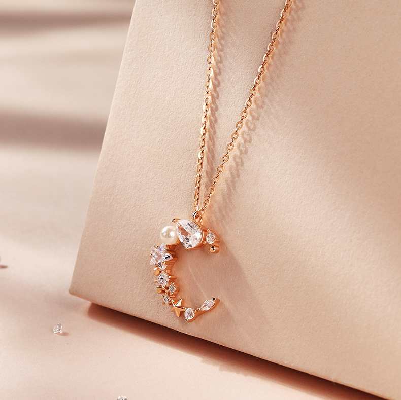 Moonlight Tune Round Princess Pear Marquise Cut Collier en argent sterling plaqué or rose 14 carats