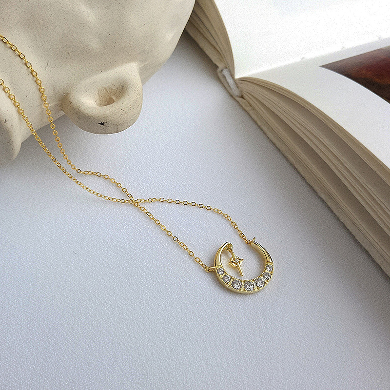 Bright Moon Round Cut Sterling Silver Plated Gold Necklace