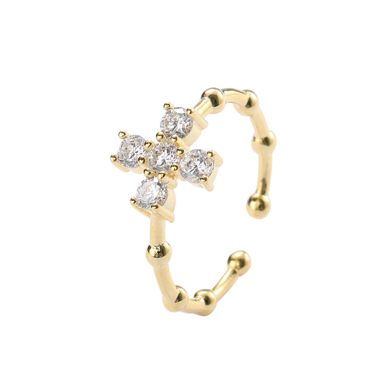 Cross Bamboo Bone Round Cut Sterling Silver Plated Gold Ring