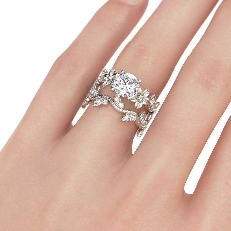 Floral Design Round Cut Sterling Silver Ring Set-JE-Juri Elle