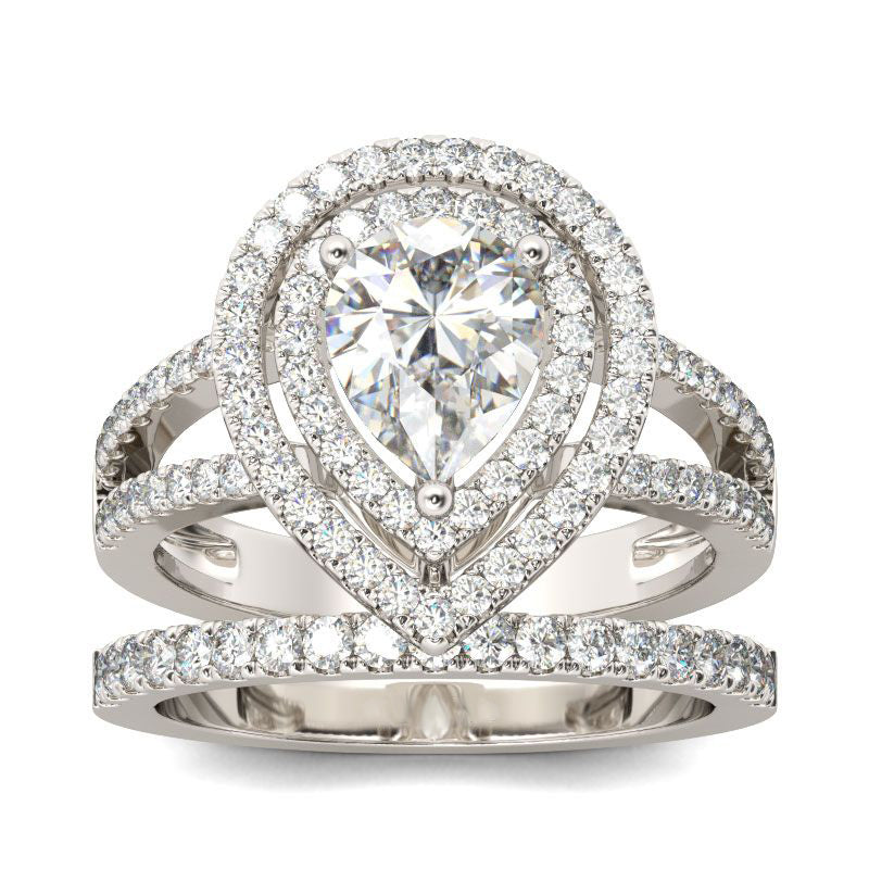 Double Halo Pear Cut Sterling Silver Ring Set-JE-Juri Elle