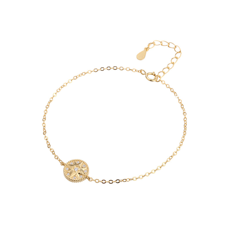 Eight-pointed Star Compass Round Cut Sterling Silver Plated Gold Bracelet