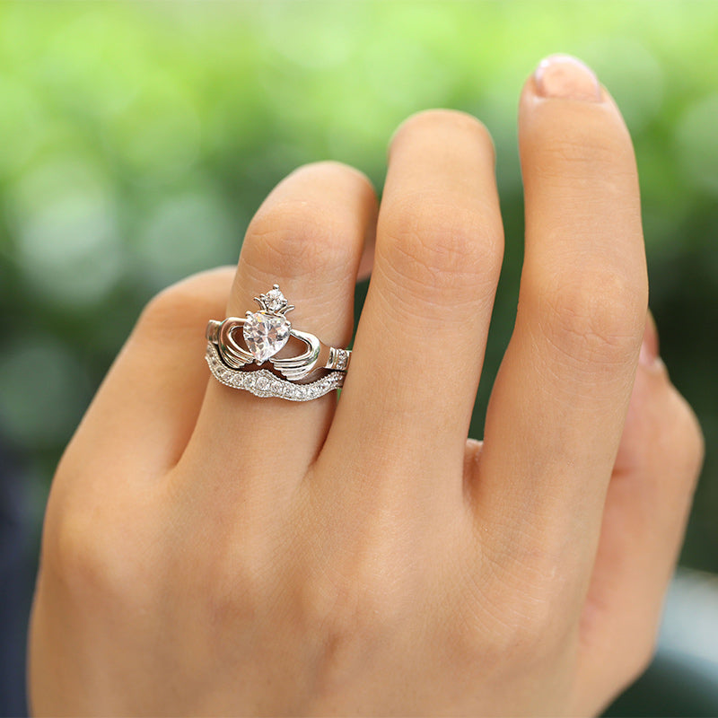 Simple Crown Claddagh Sterling Silver Ring Set-JE-Juri Elle