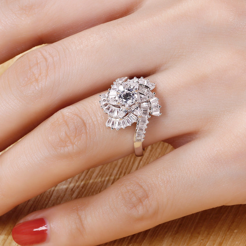 Floral Design Round Cut Sterling Silver Ring-JE-Juri Elle