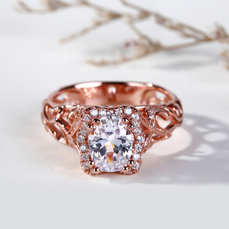 Rose Gold Tone Halo Oval Cut Sterling Silver Ring-JE-Juri Elle
