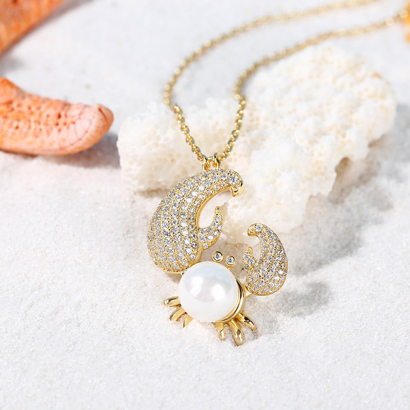 Cultured Pearl Crab Pendant Sterling Silver Necklace-JE-Juri Elle