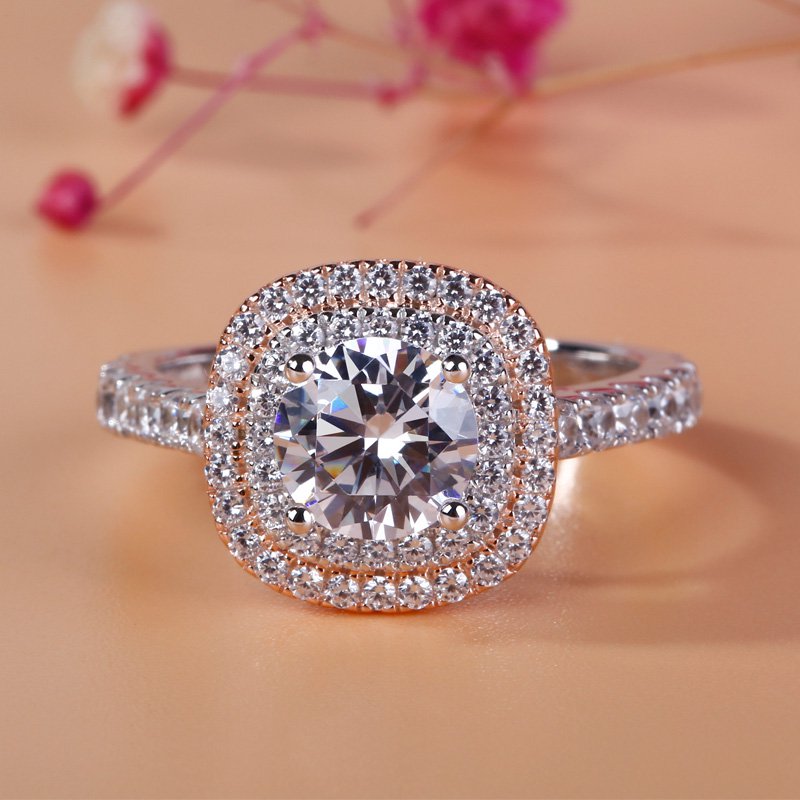 Classic Halo Two Tone Round Cut Sterling Silver Ring-JE-Juri Elle
