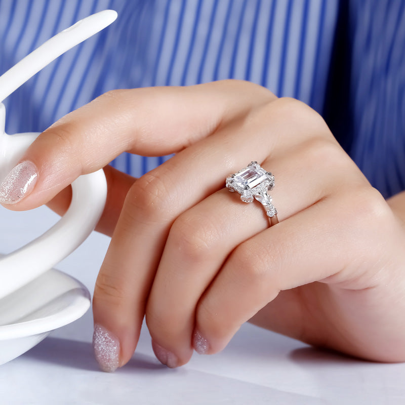Flower Emerald Cut Sterling Silver Ring-JE-Juri Elle