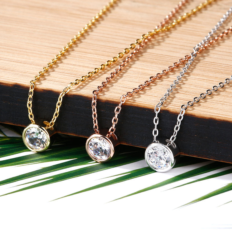 Simple Round Cut Stone Pendant Sterling Silver Necklace-JE-Juri Elle