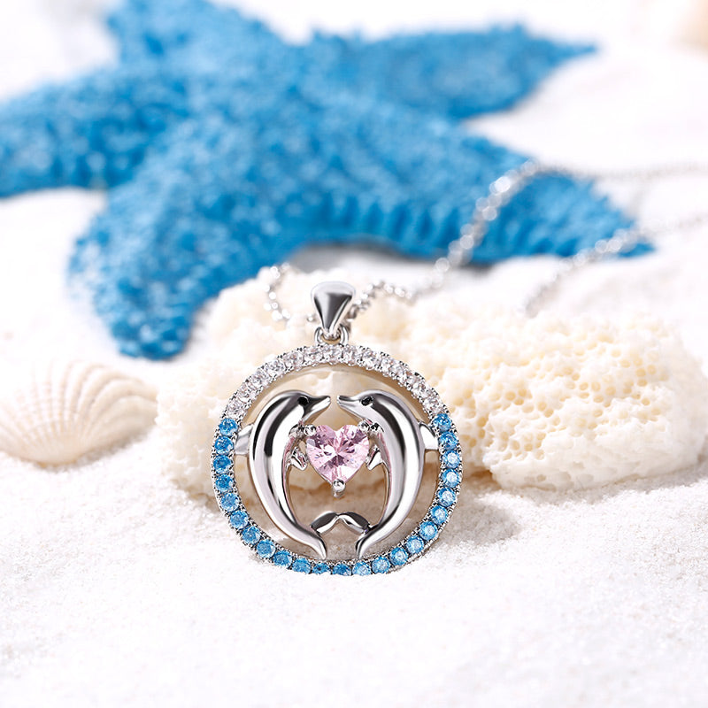 Two Dancing Dolphins Heart Cut Sterling Silver Necklace-JE-Juri Elle