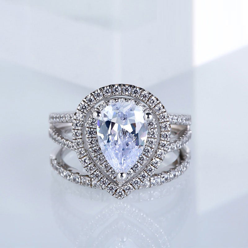Double Halo Pear Cut Sterling Silver Ring Set-JE-Juri Elle