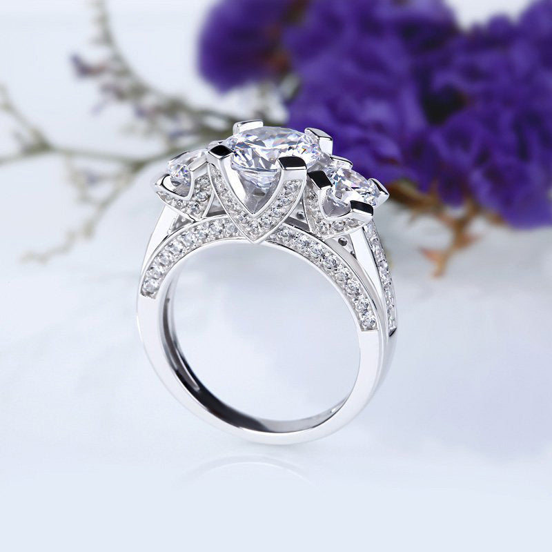 Three Side Pave Three Stone Round Cut Sterling Silver Ring-JE-Juri Elle