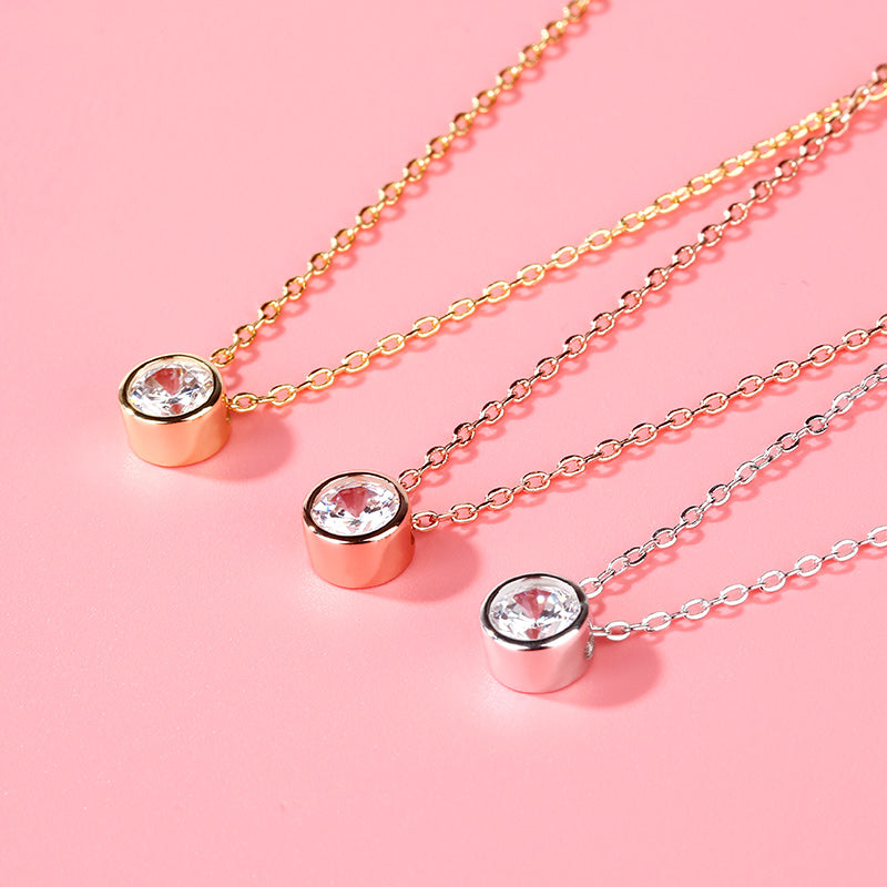 Simple Round Cut Stone Pendant Sterling Silver Necklace-JE-Juri Elle