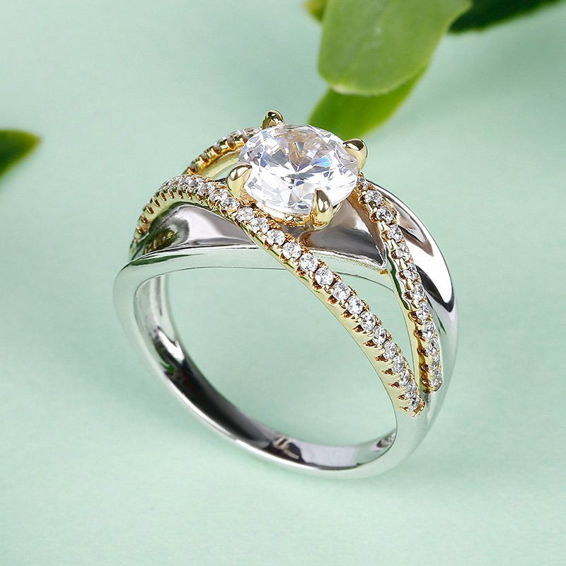 Two Tone Crossover Round Cut Sterling Silver Ring-JE-Juri Elle