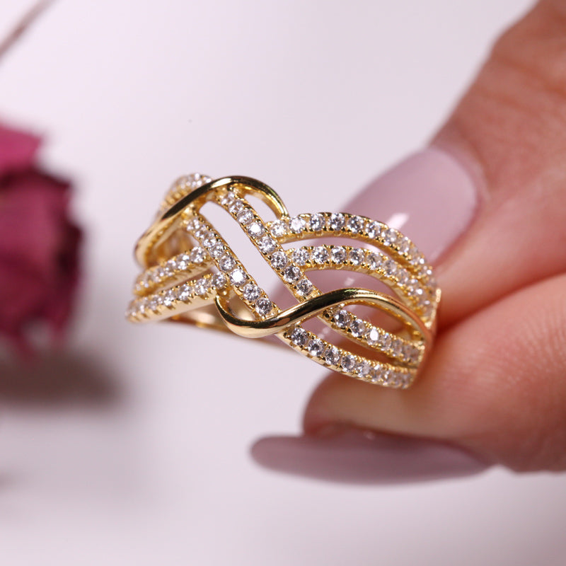 Gold Tone Intertwined Round Cut Sterling Silver Women's Band-JE-Juri Elle