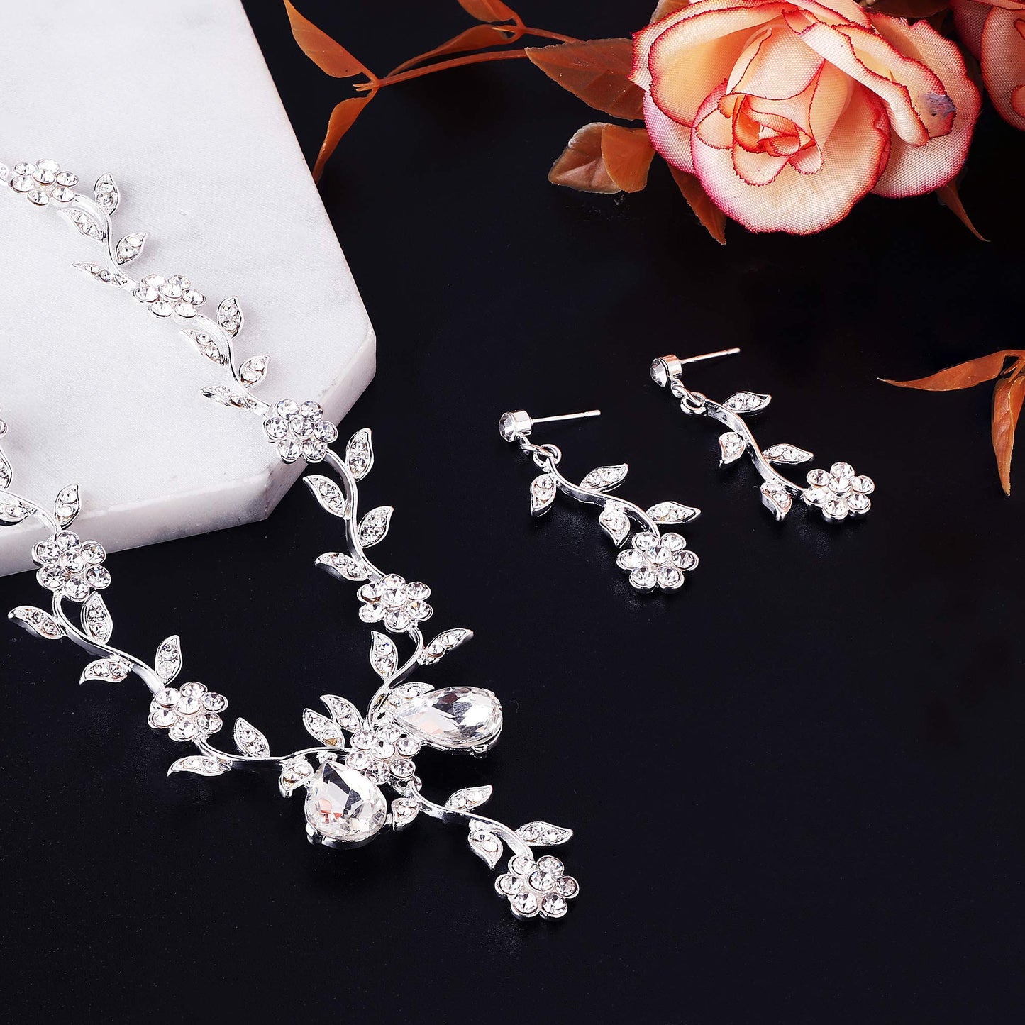 Bridal Jewellery Set Stone Flower Leaf Earring Necklace Jewellery Set