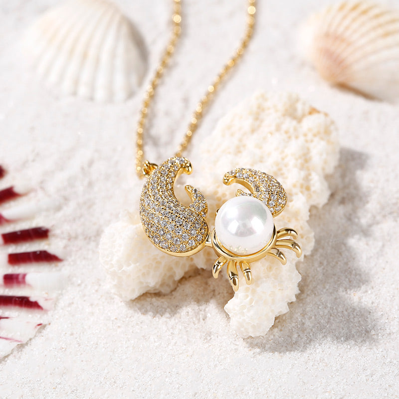 Cultured Pearl Crab Pendant Sterling Silver Necklace-JE-Juri Elle