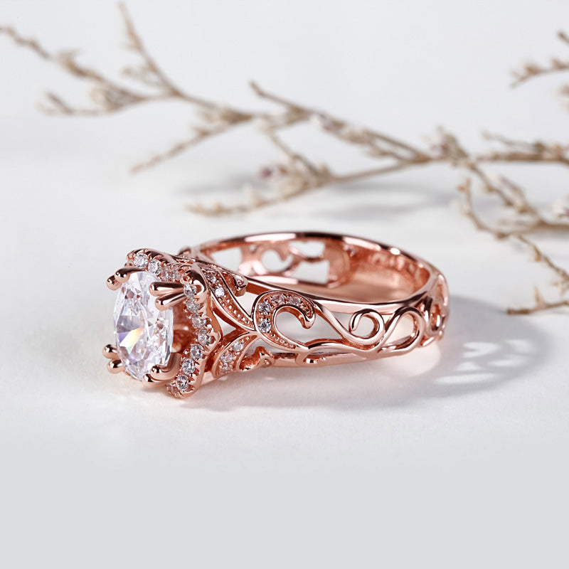 Rose Gold Tone Halo Oval Cut Sterling Silver Ring-JE-Juri Elle