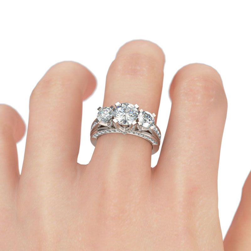 Three Side Pave Three Stone Round Cut Sterling Silver Ring-JE-Juri Elle