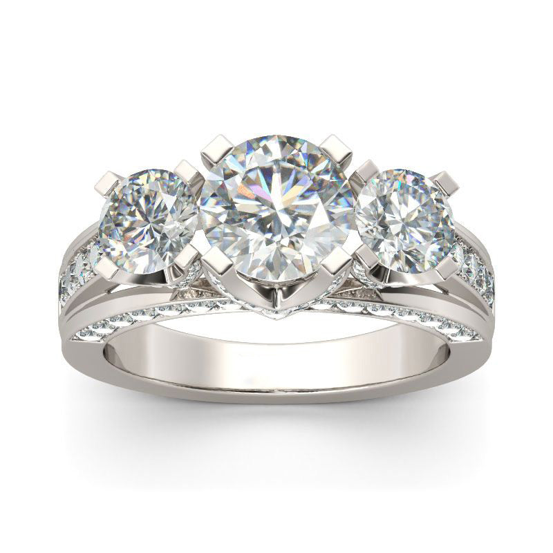 Three Side Pave Three Stone Round Cut Sterling Silver Ring-JE-Juri Elle
