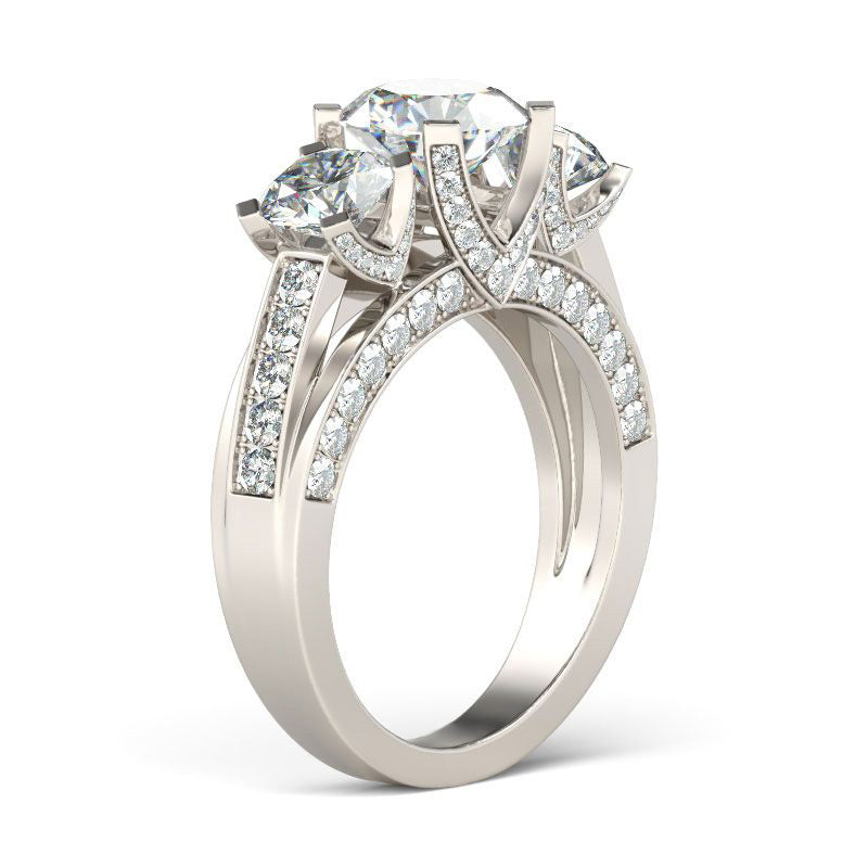 Three Side Pave Three Stone Round Cut Sterling Silver Ring-JE-Juri Elle