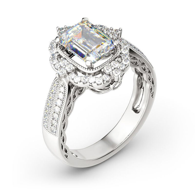 Vintage Halo Emerald Cut Sterling Silver Ring-JE-Juri Elle