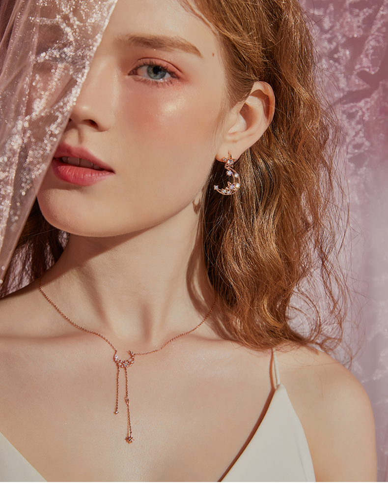 Star & Moon Love Round Cut Plated 14K Rose Gold Necklace