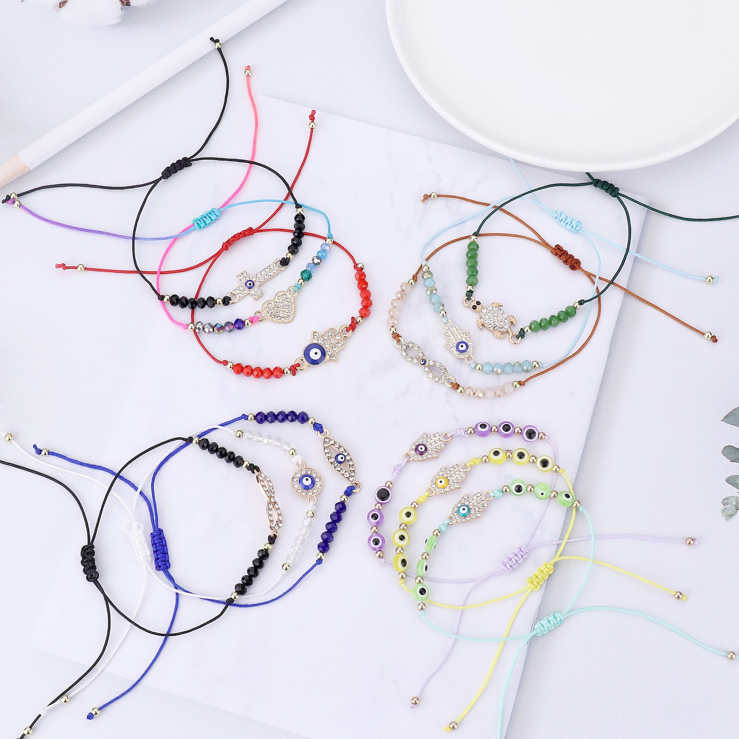 DE OJO 24 PCS COLORFUL EVIL EYE BEADED BRACELETS HAMSA HANDMADE BRAIDED LUCKY EYE JEWELRY FOR WOMEN GIRLS