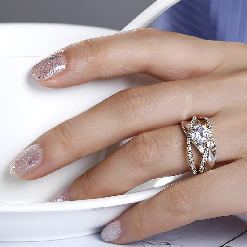 Two Tone Crossover Round Cut Sterling Silver Ring-JE-Juri Elle
