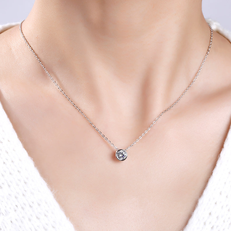 Simple Round Cut Stone Pendant Sterling Silver Necklace-JE-Juri Elle