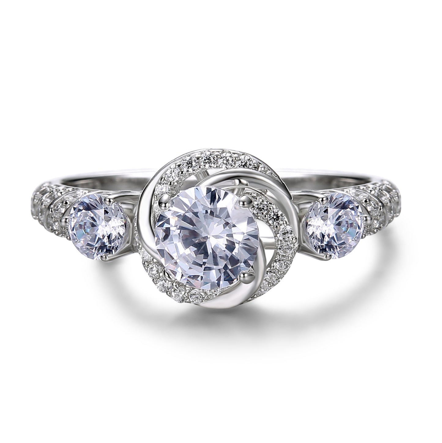 Floral Halo Round Cut Sterling Silver Ring