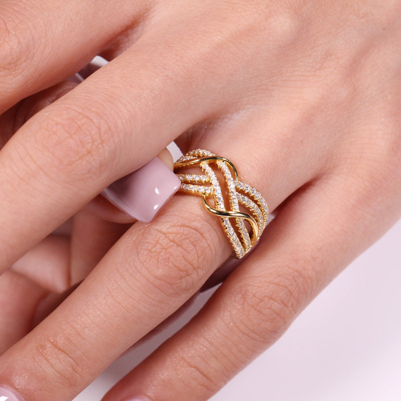 Gold Tone Intertwined Round Cut Sterling Silver Women's Band-JE-Juri Elle