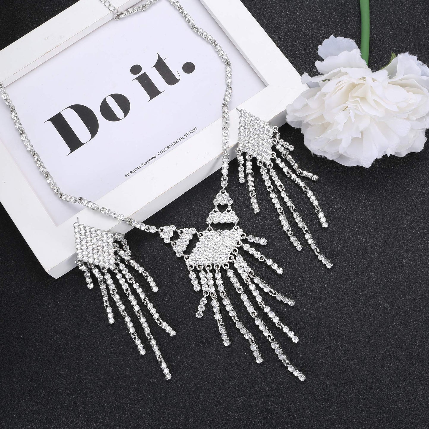 Bridal Tassel Necklace Dangle Earrings Set
