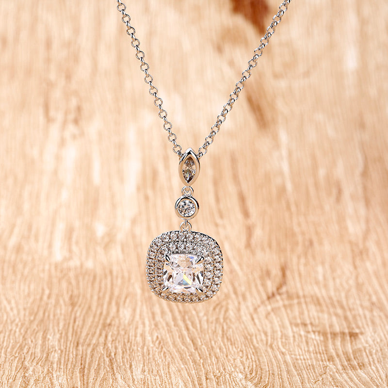 Double Halo Cushion Cut Sterling Silver Necklace-JE-Juri Elle