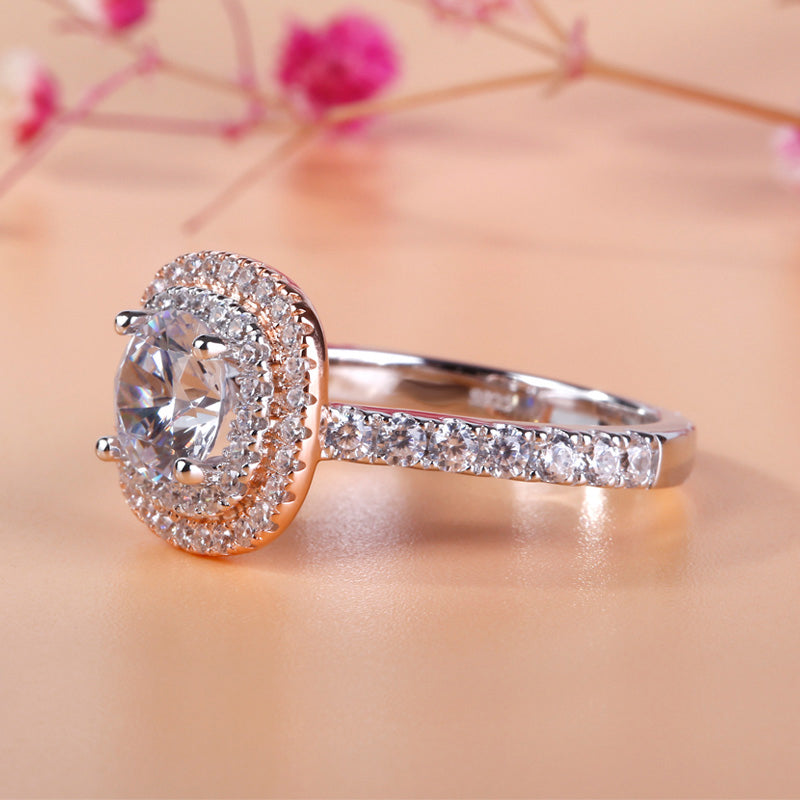 Classic Halo Two Tone Round Cut Sterling Silver Ring-JE-Juri Elle