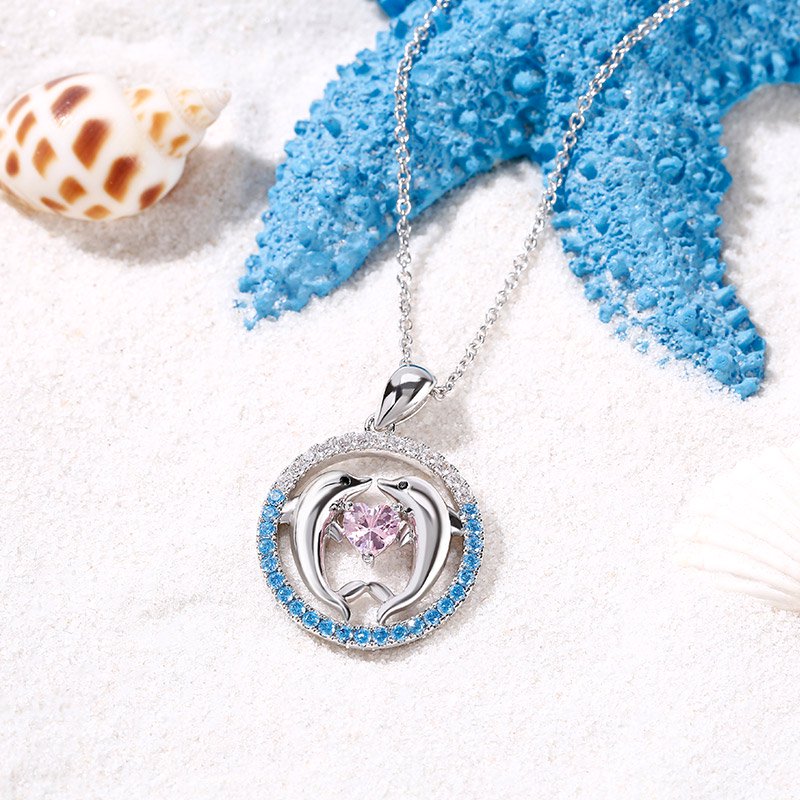 Two Dancing Dolphins Heart Cut Sterling Silver Necklace-JE-Juri Elle