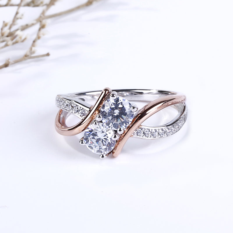 Two Stone Crossover Round Cut Sterling Silver Ring-JE-Juri Elle