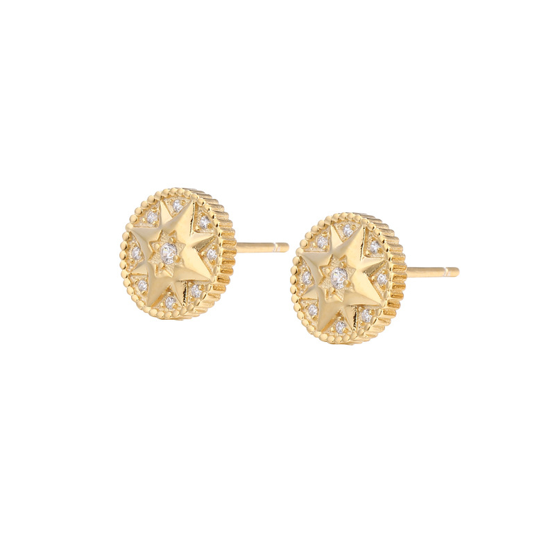 Eight-star Compass Round Cut Sterling Silver Plated Gold Necklace