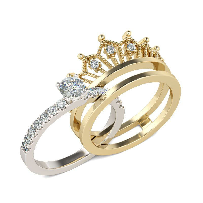 Two Tone Crown Round Cut Sterling Silver Ring set-JE-Juri Elle