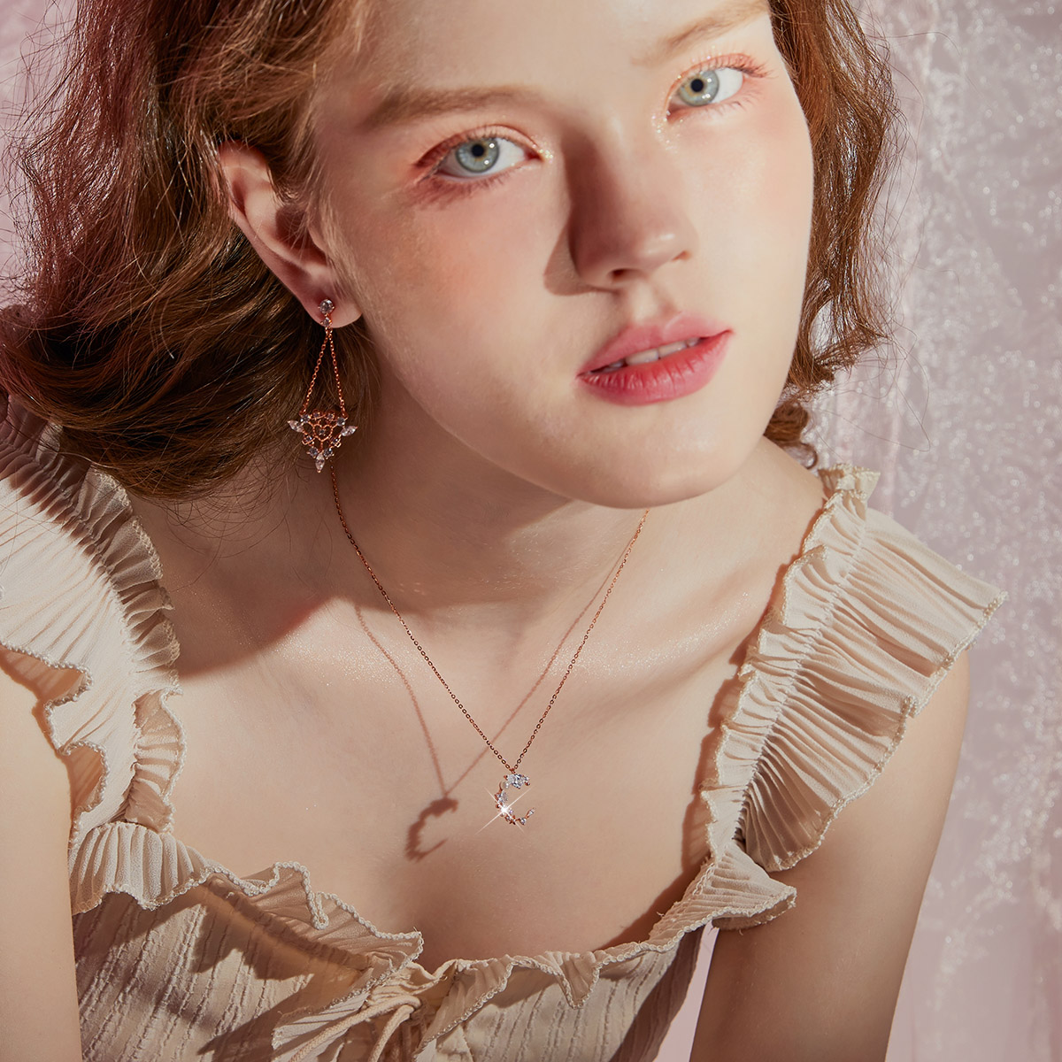 Moonlight Tune Round Princess Pear Marquise Cut Collier en argent sterling plaqué or rose 14 carats