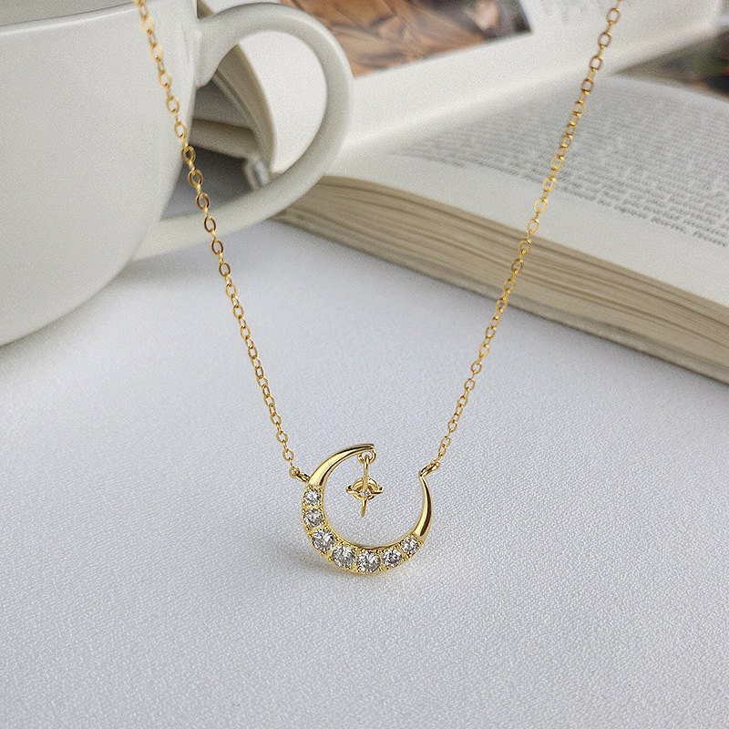 Bright Moon Round Cut Sterling Silver Plated Gold Necklace