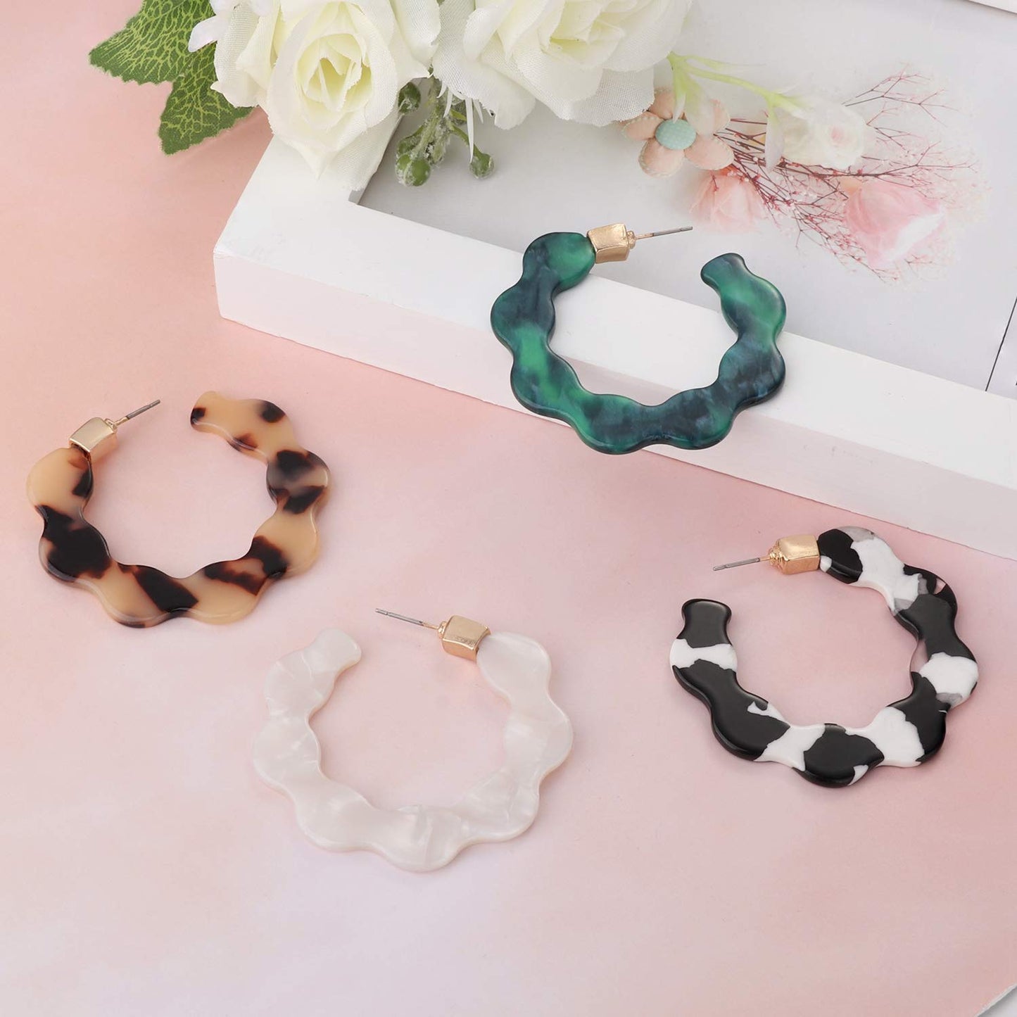 Mottled Acrylic Hoop Earrings for Women Lightweight Bohemian Jewelry Shell Resin Wave Statement Earrings
