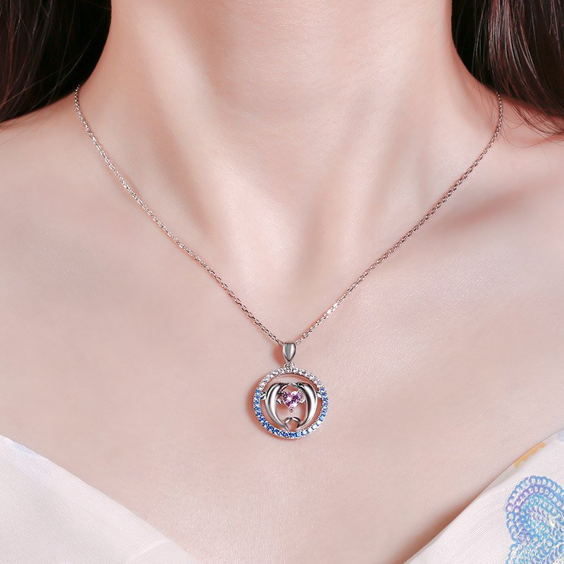 Two Dancing Dolphins Heart Cut Sterling Silver Necklace-JE-Juri Elle