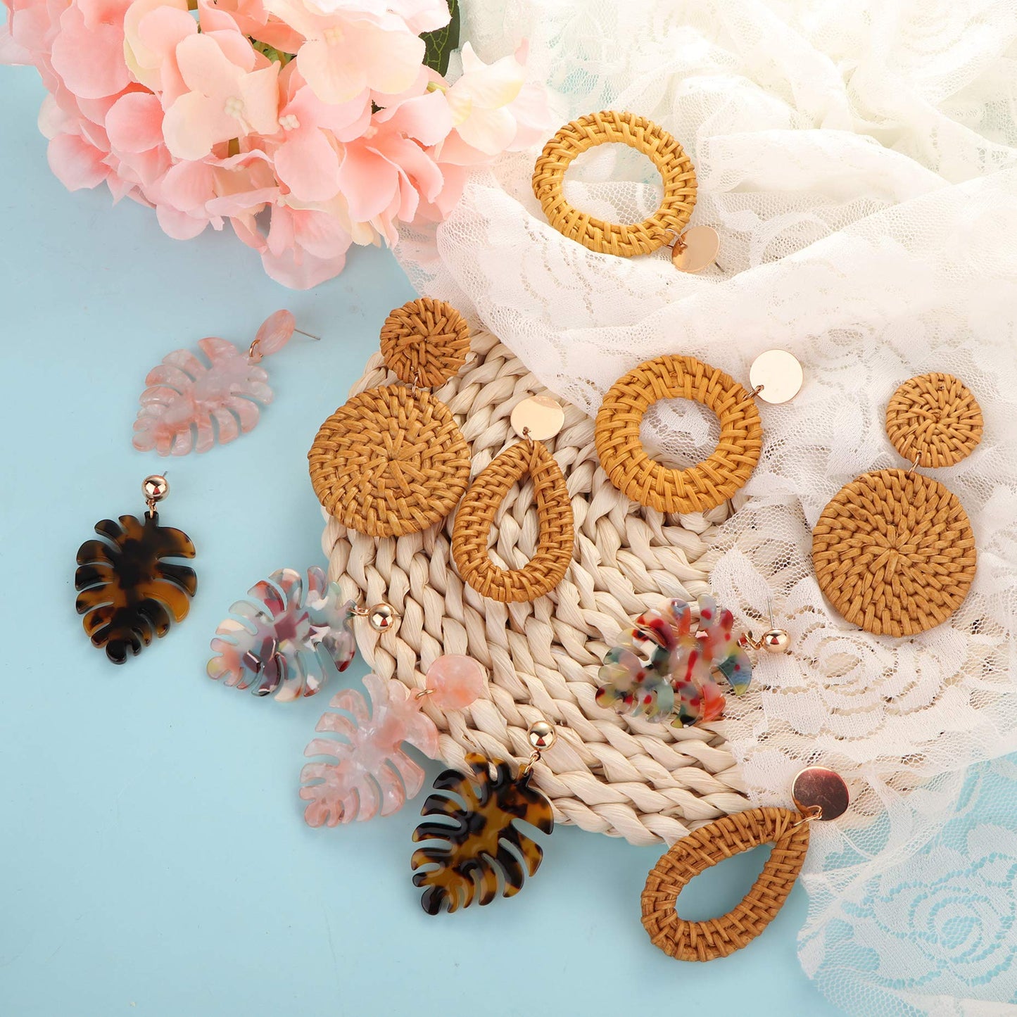 Acrylic Rattan Earrings for Women Handmade Bohemian Straw Wicker Braid Drop Dangle Earrings Lightweight Geometric Statement Earrings