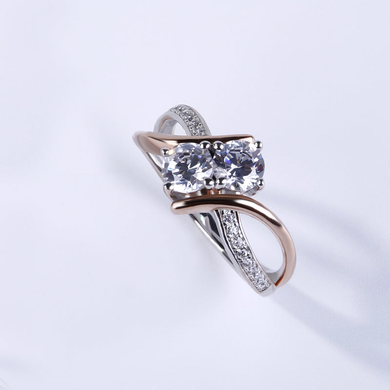 Two Stone Crossover Round Cut Sterling Silver Ring-JE-Juri Elle