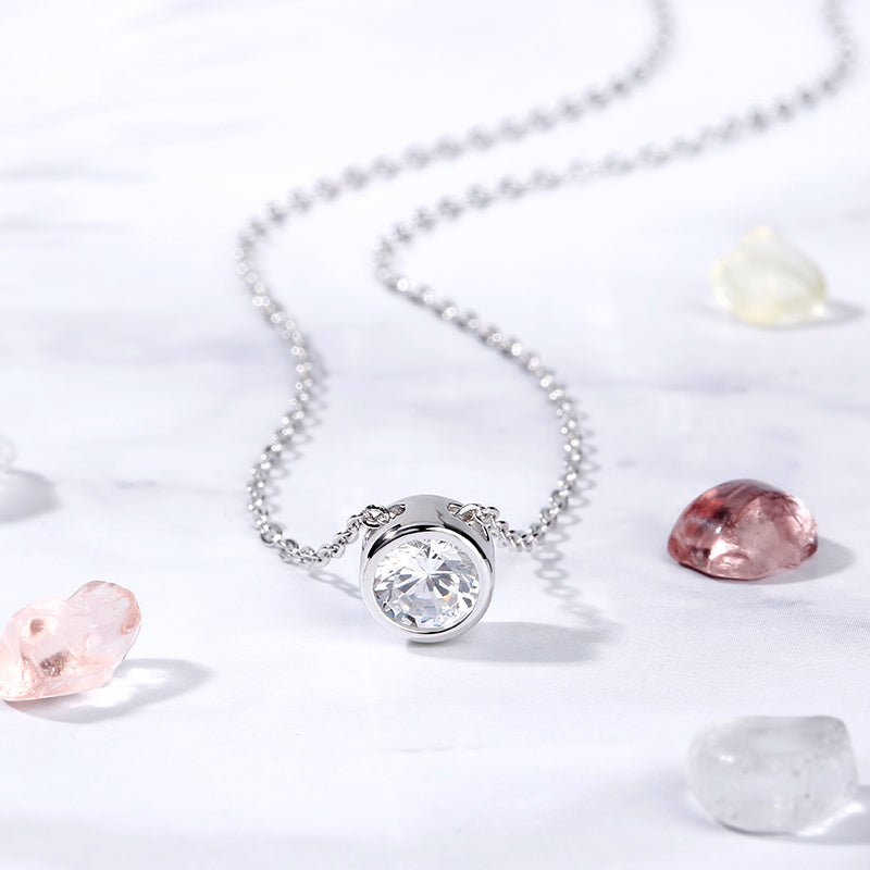 Simple Round Cut Stone Pendant Sterling Silver Necklace-JE-Juri Elle