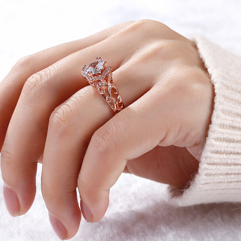 Rose Gold Tone Halo Oval Cut Sterling Silver Ring-JE-Juri Elle