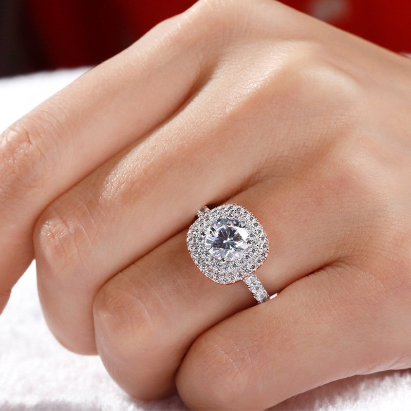 Classic Halo Two Tone Round Cut Sterling Silver Ring-JE-Juri Elle